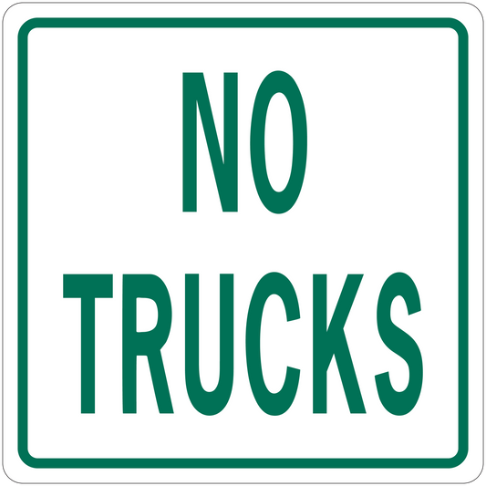 Road sign sticker with teal border and bold text: “NO TRUCKS”