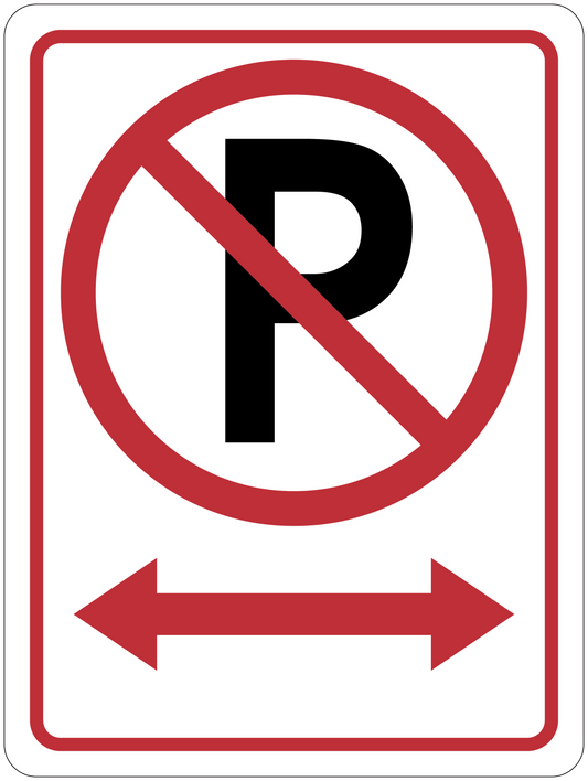 No parking road sign sticker with red circle slash over P and double arrows