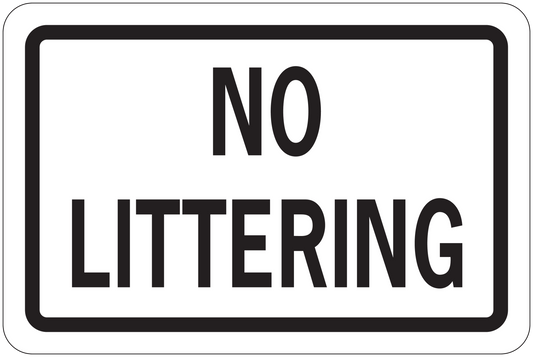 Rectangular road sign sticker reading 'NO LITTERING' with black border