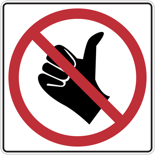 Road sign sticker with red no hand gesture circle and slash over black raised hand