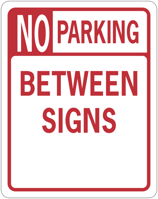 No parking between signs road sign sticker with red border and bold white letters
