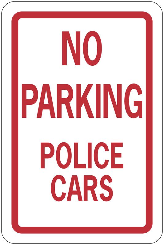 Road sign sticker reading "NO PARKING POLICE CARS" with red border on white