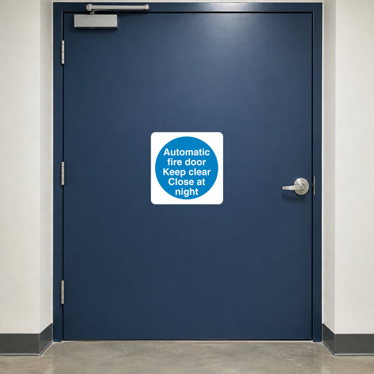 Safety sign sticker, white square with blue circle and readable fire door keep clear text