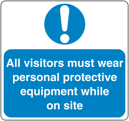 Safety sign sticker: blue exclamation icon and white text 'wear PPE on site'.