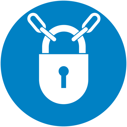Safety sign sticker: blue circular padlock with crossed keys icon