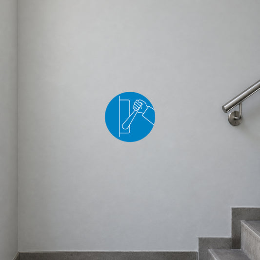 Round blue safety sign sticker with white hand icon and diagonal line.