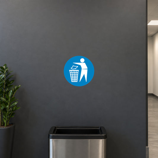 Safety sign sticker, blue circle with white trash icon and walking person