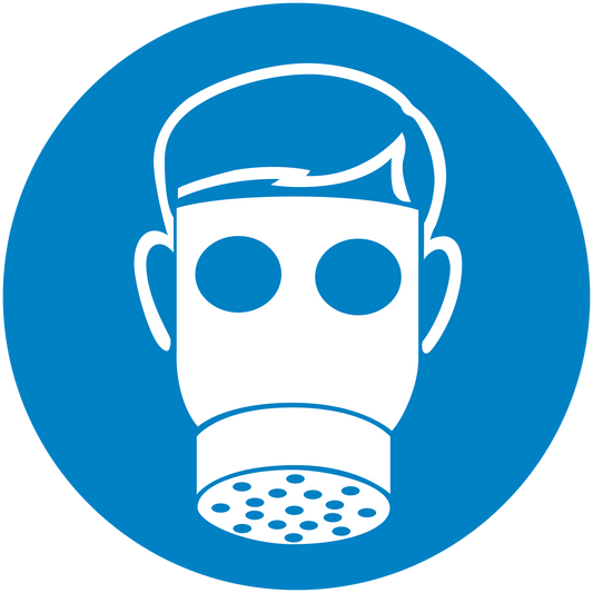 Safety sign sticker with blue circle and white face-mask icon with respirator filter