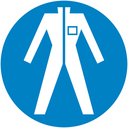 Circular blue safety sign sticker with white lab icon and test-tube flask