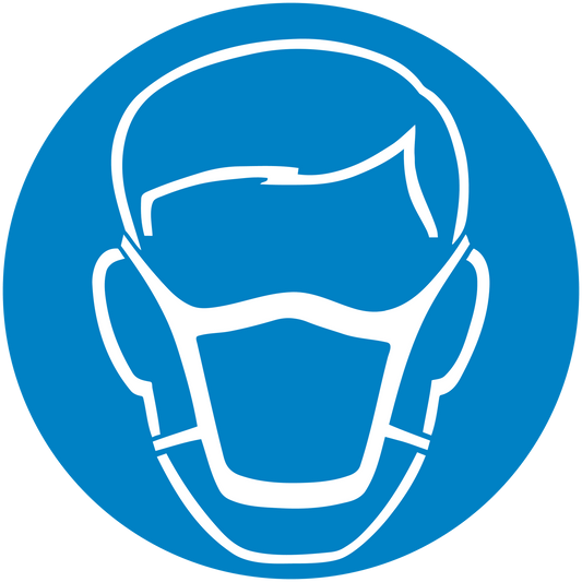 Safety sign sticker: blue circular icon with white protective face mask and eyewear