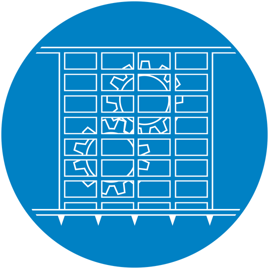Safety sign sticker: blue circular design with white warning symbols in a grid