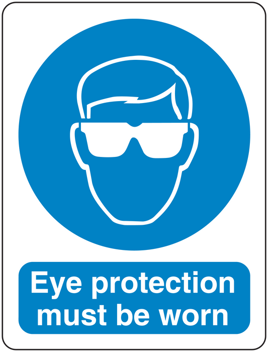 Eye protection safety sign sticker with goggles icon and text: 'Eye protection must be worn'
