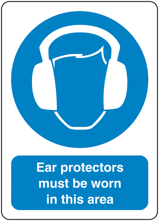 Safety sign sticker: blue ear-protector icon, 'Ear protectors must be worn in this area'.