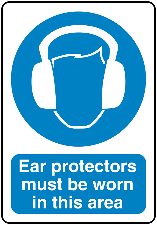 Safety sign sticker with ear-protectors icon and text: Ear protectors must be worn in this area