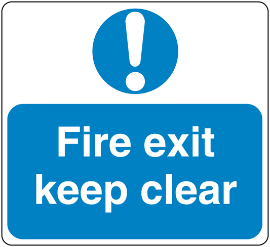 Fire exit keep clear safety sign sticker with blue background and white text