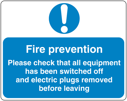 Fire prevention safety sign sticker with warning icon and message about switching off equipment
