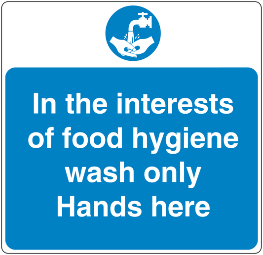 Safety sign sticker with food hygiene message and handwashing icon, blue text on blue background