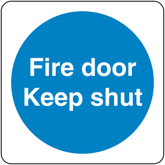 Safety sign sticker with blue circle and white text: Fire door Keep shut