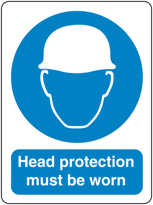 Safety sign sticker: blue circle with white helmet icon; 'Head protection must be worn'.