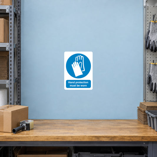Safety sign sticker: blue hand icon with 'Hand protection must be worn'