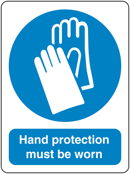 Safety sign sticker with blue circle hand icon and text: Hand protection must be worn