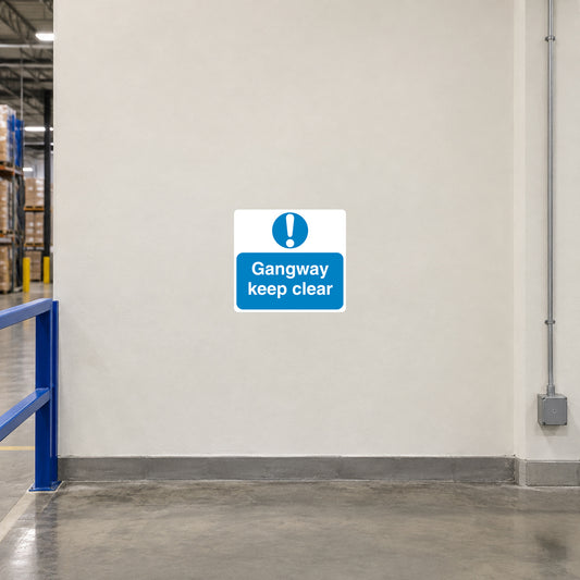 Safety sign sticker with blue square warning icon and text "Gangway keep clear"