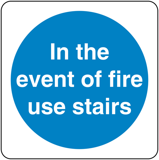 Blue circular fire safety sign sticker with text: In the event of fire use stairs