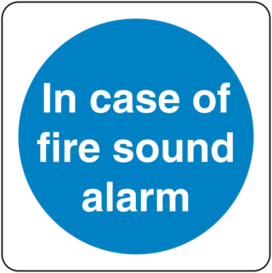 Safety sign sticker with blue circle and white text: In case of fire sound alarm