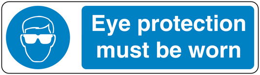 Safety sign sticker with goggles icon and text “Eye protection must be worn”