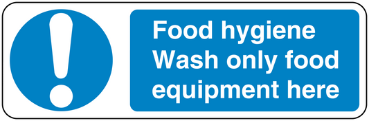 Safety sign sticker: blue exclamation icon, text 'Food hygiene; Wash only food equipment here'.