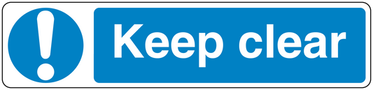 Safety sign sticker: blue with white exclamation circle and 'Keep clear' text.
