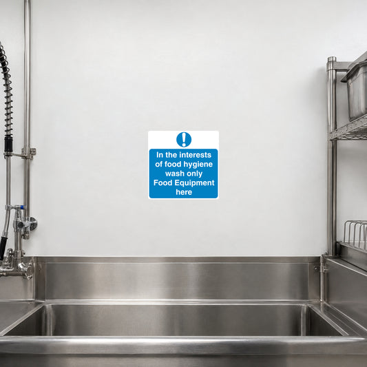 Safety sign sticker with blue text: food hygiene equipment location