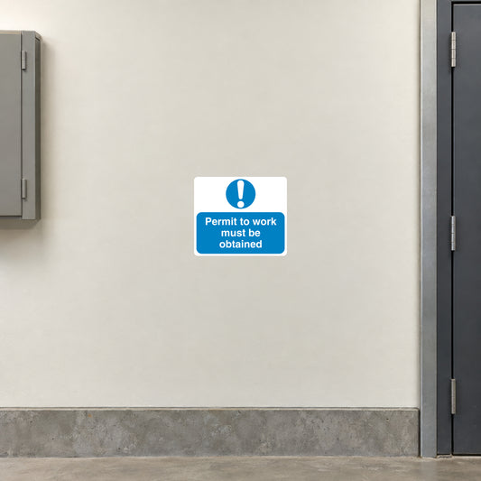 Safety sign sticker, white square with blue exclamation and Permit to work must be obtained