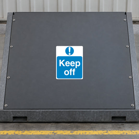 Keep off safety sign sticker with blue and white text