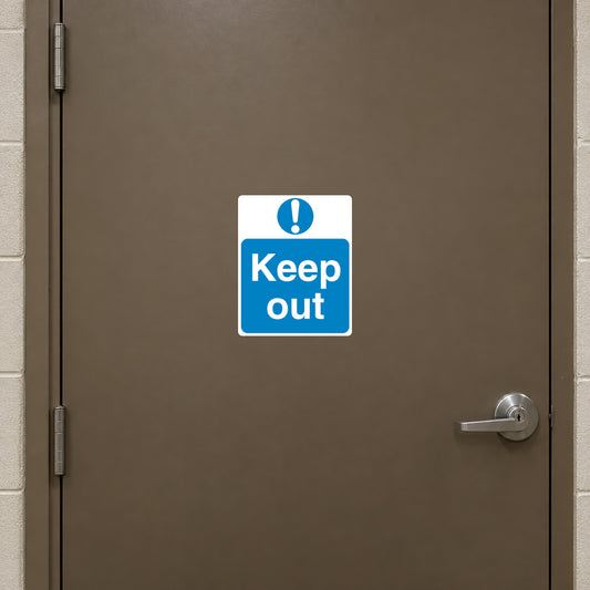 Keep out safety sign sticker, white and blue with exclamation mark