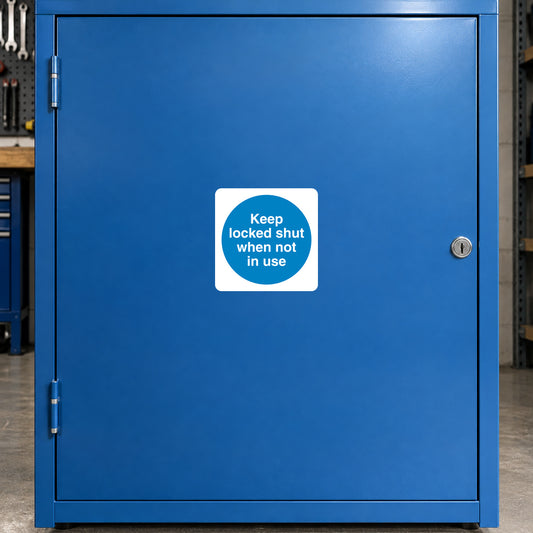 Safety sign sticker with text: “Keep locked shut when not in use”