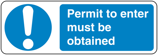 Safety sign sticker with blue exclamation and text: Permit to enter must be obtained