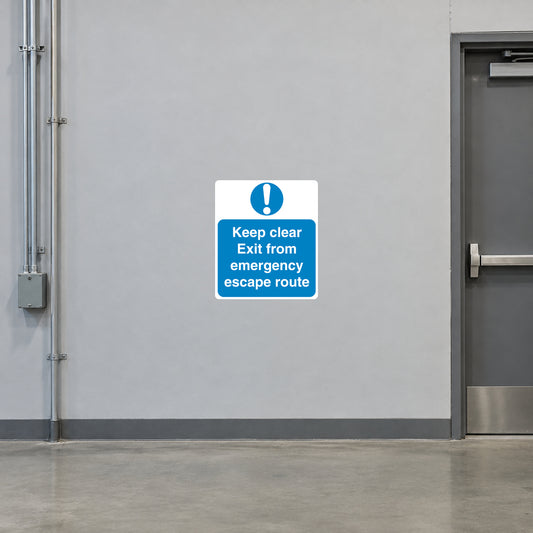 Square safety sign sticker with "Keep clear" and emergency escape route text