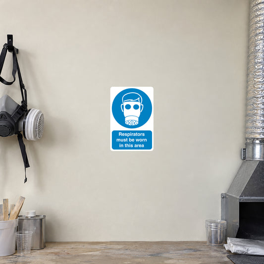 Safety sign sticker: respirators must be worn in this area, blue icon on white