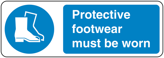 Safety sign sticker with blue footwear icon and text: Protective footwear must be worn