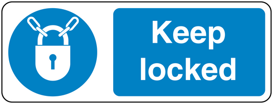 Safety sign sticker with blue lock icon and text 'Keep locked'.