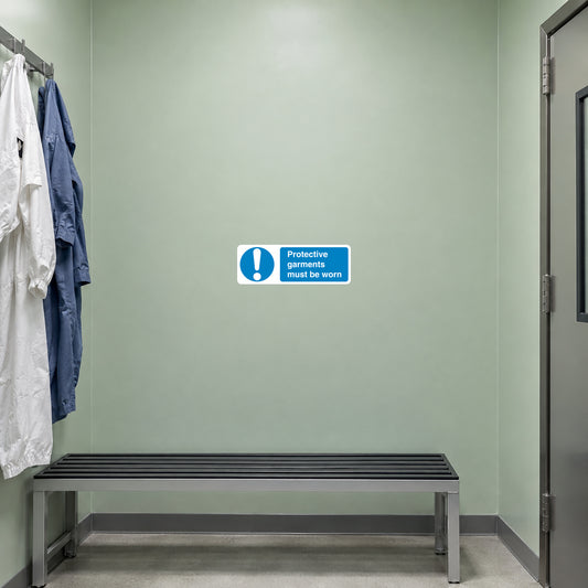 Blue safety sign sticker with white exclamation and text: Protective garments must be worn
