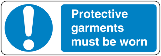 Safety sign sticker with exclamation icon and text: Protective garments must be worn