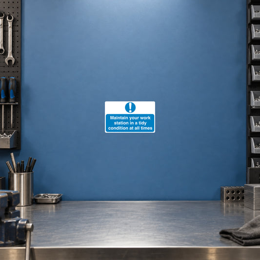 Safety sign sticker, blue and white rectangular warning with exclamation and maintenance text