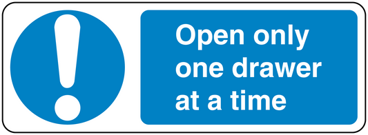 Safety sign sticker with warning text: Open only one drawer at a time