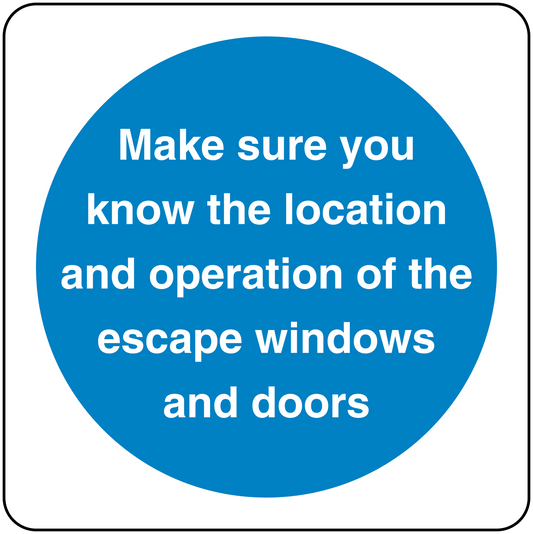 Safety sign sticker with blue circle and white text: escape windows and doors