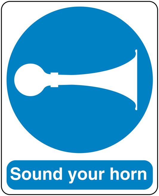 Safety sign sticker with blue circle, white horn icon, and 'Sound your horn' text.