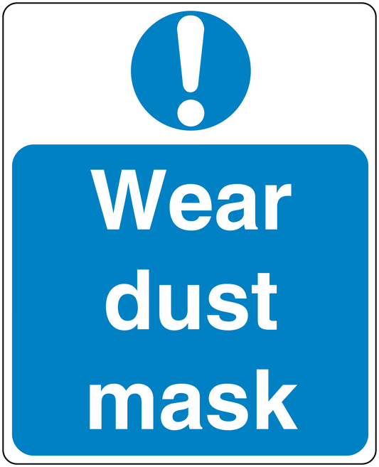 Safety sign sticker with blue background: white exclamation and text “Wear dust mask”.