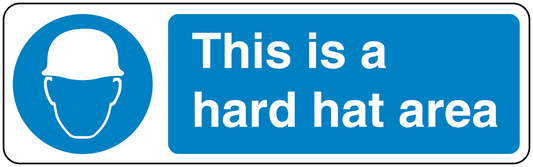 Safety sign sticker: hard-hat area text with hard-hat icon