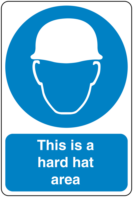 Safety sign sticker with blue hard hat icon and "This is a hard hat area" text